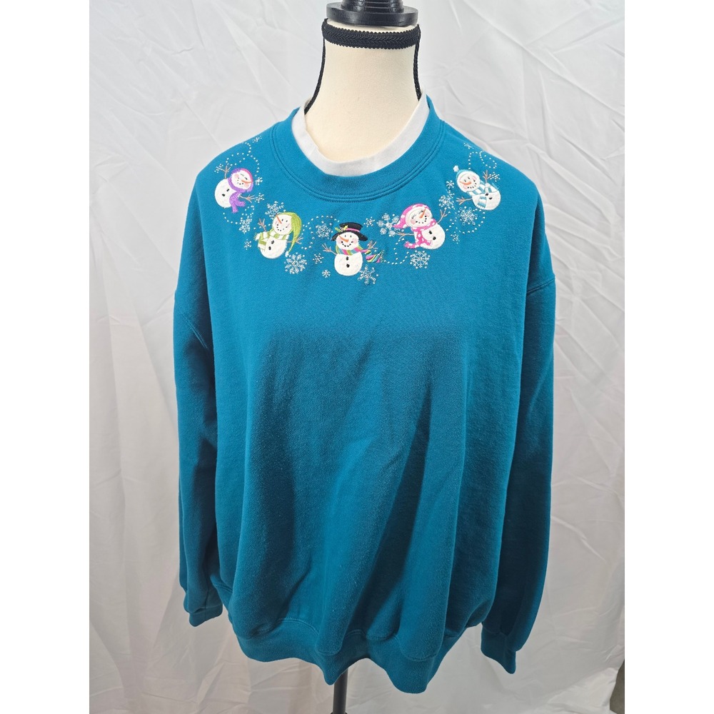 Decorated Originals Womens Teal Snowman Embroidered Sweatshirt 2X Large